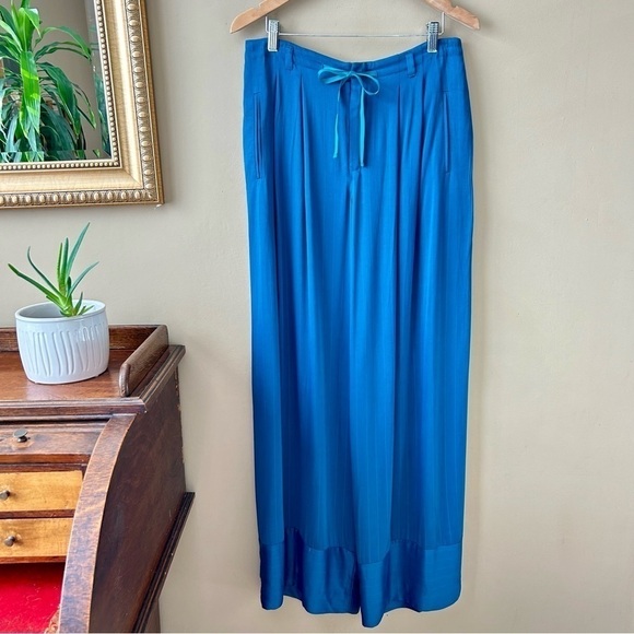Anthropologie Elevenses Turquoise Blue Wide Leg Satin Trouser Pants Size 4 - Picture 2 of 13